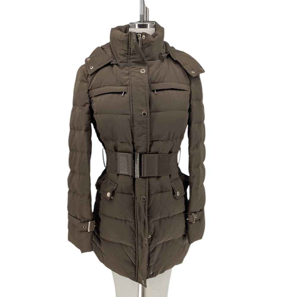 19903 Morgan De Toi Quilted Puffer Belted Coat Brown size 38/6 winter ski travel